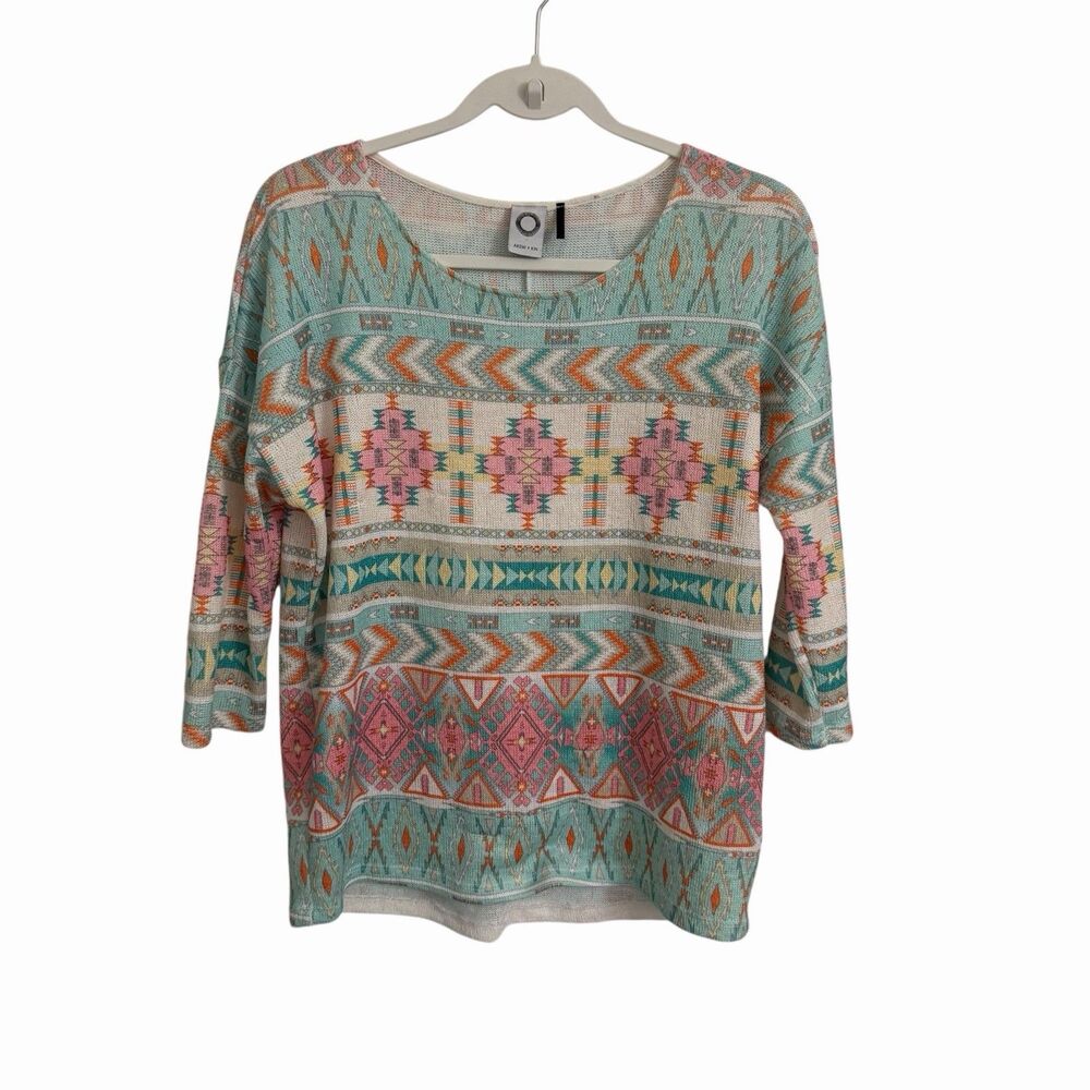 Anthropologie Akemi Kin Morgana Aztec Top Small Pastel Lightweight 3/4 Sleeve